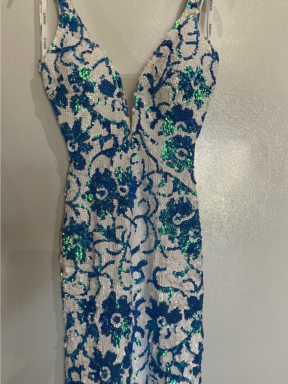 Jovani Sequin Floral V-Neck Bodycon Dress in White and Blue